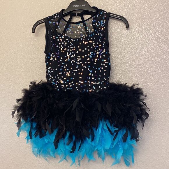 WEISSMAN Dance costume The Beautiful People
13601 Aqua black feather sassy MC - Picture 2 of 12